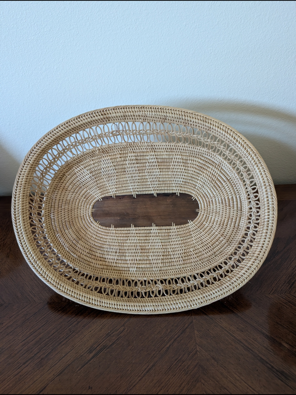 VTG Handwoven Thai Boho Rattan Oval Tray Basket Flattened Bamboo Base 14" Great